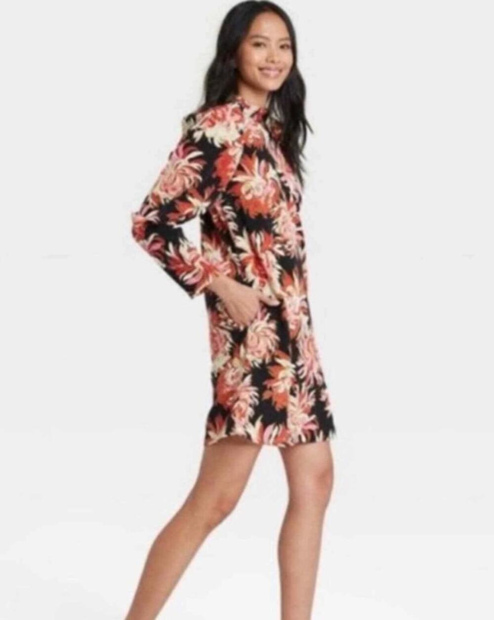 WHO WHAT WEAR new black pink floral abstract puff sleeve mock mini dress